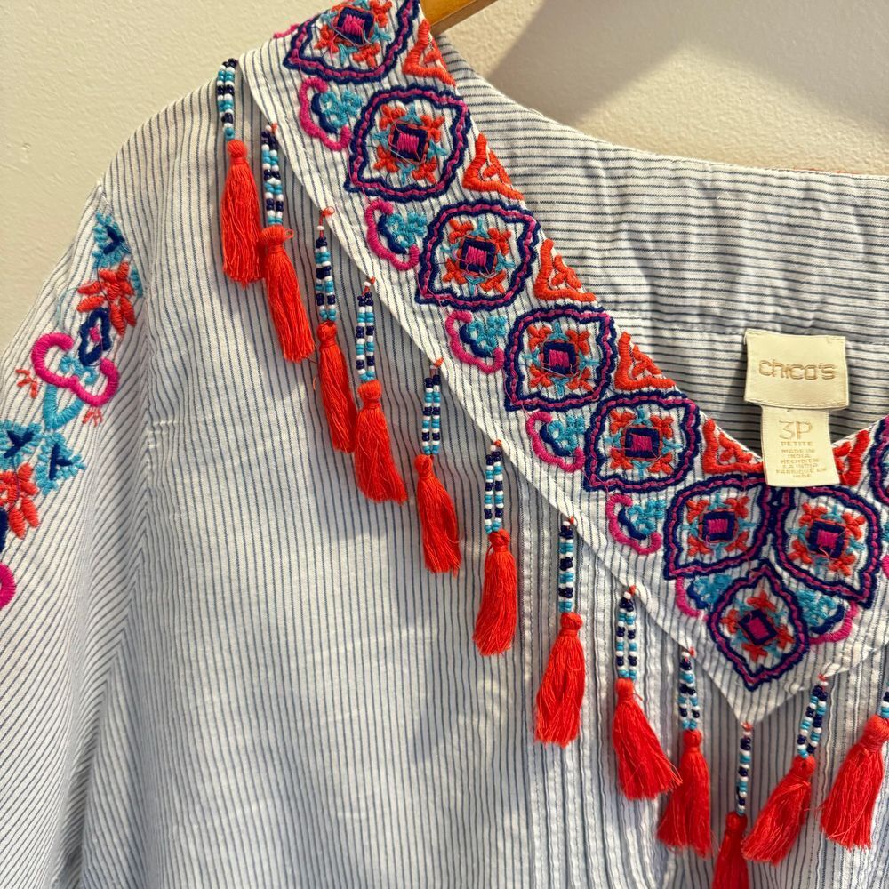 CHICO'S Pinstriped Embroidered Tassel Trim Beaded Peasant Top Size 3P Large Boho - Picture 6 of 11